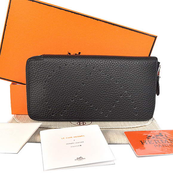 1:1 Quality Hermes Evelyn Long Wallet Zip Purse A808 Black Replica - Click Image to Close